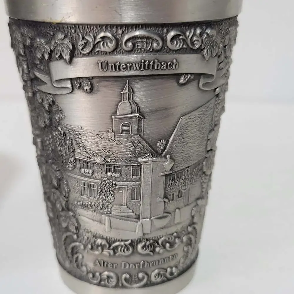 Zinn Becker Pewter Cups Set Of 2 Hand Engraved Ornate Weibelbach Rottbach + More